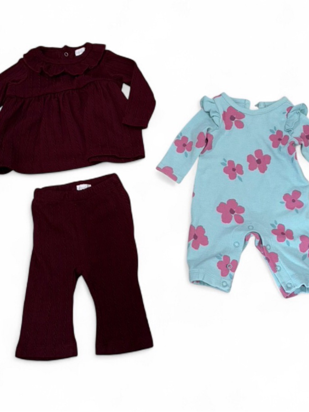 Carter's Blue Floral Romper and Burgundy Knit Top & Pants bundle super cute